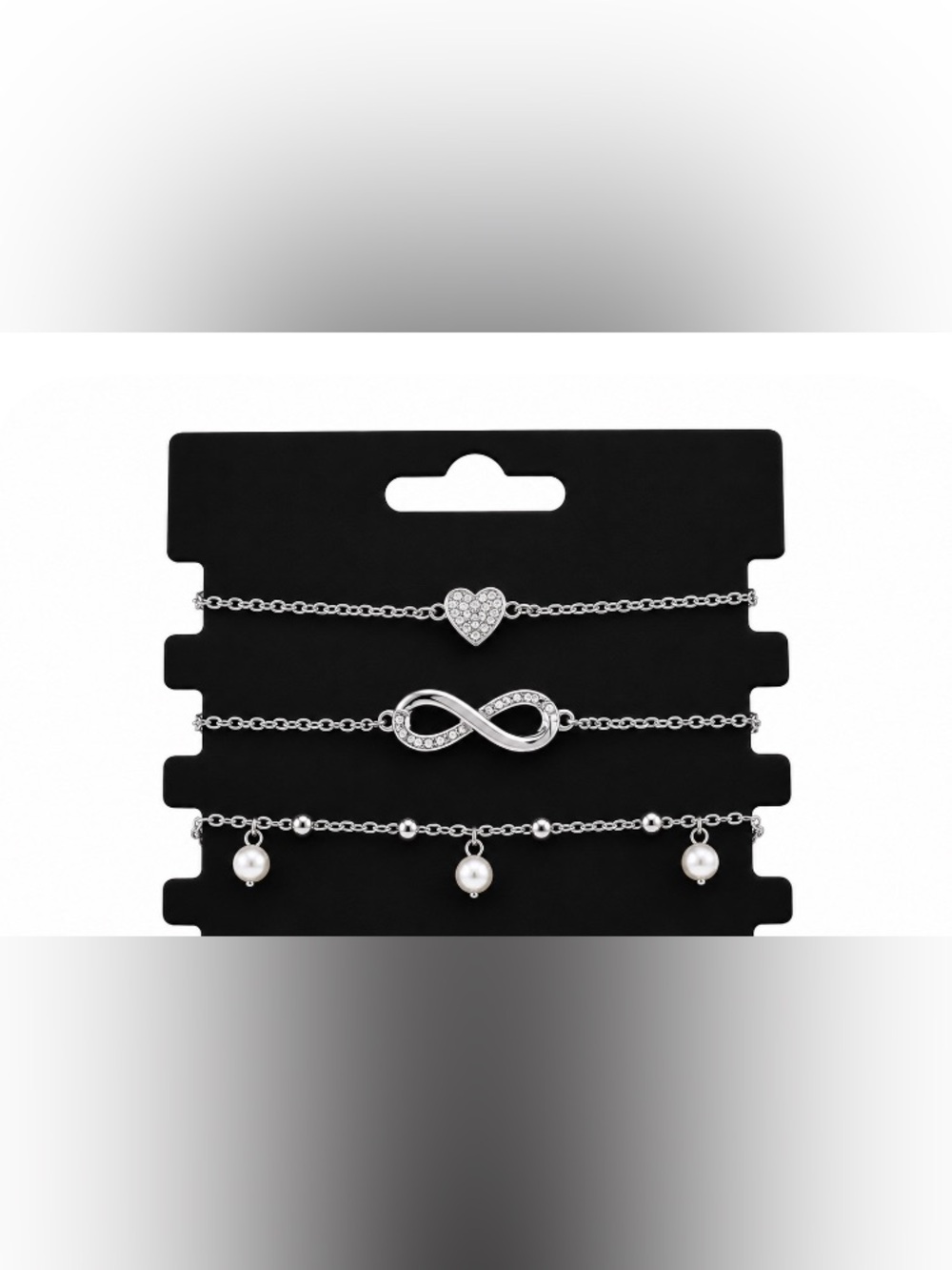 Silver Heart, Infinity and Pearl Charm Bracelet Set -